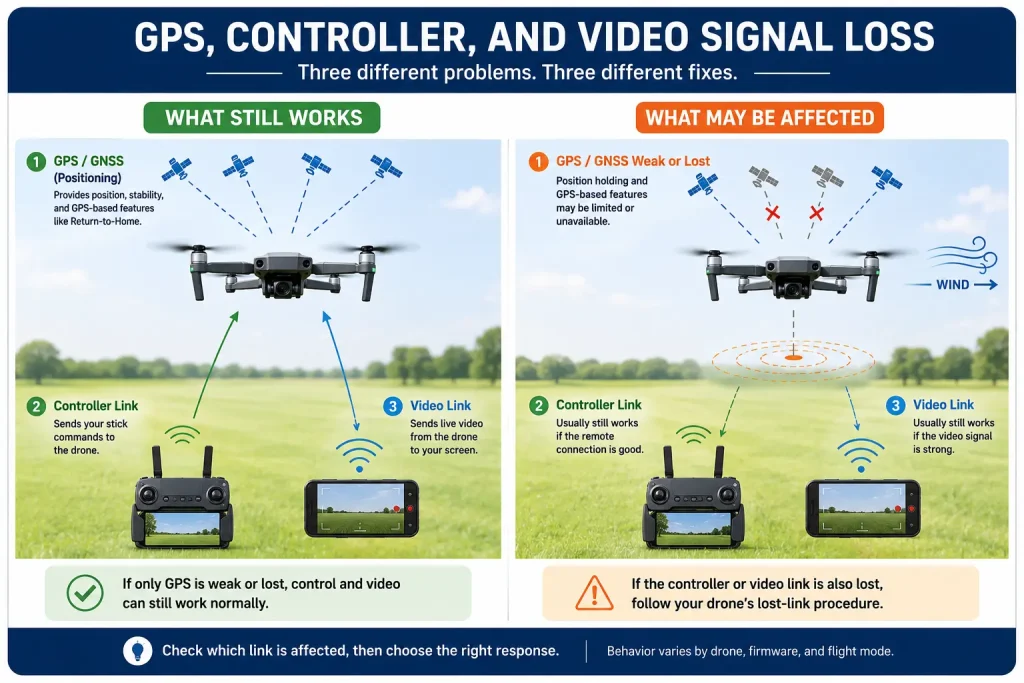Drone GPS signal loss compared with controller and video link loss