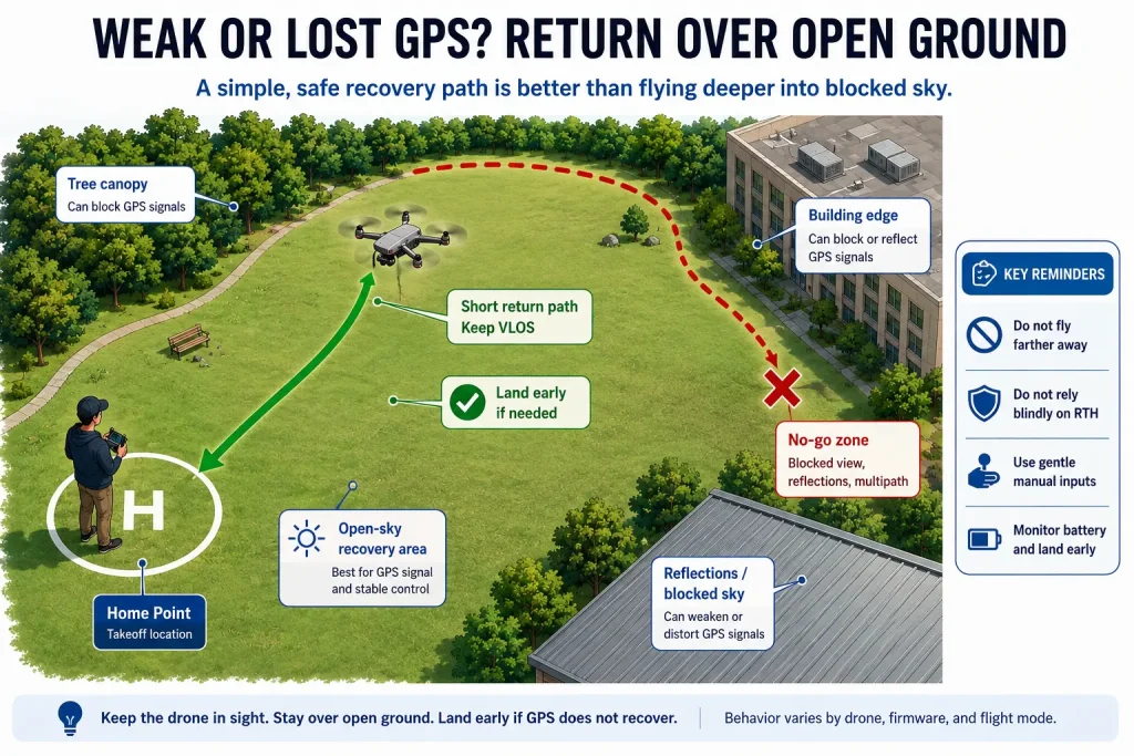 Drone returning over open ground after GPS signal becomes weak