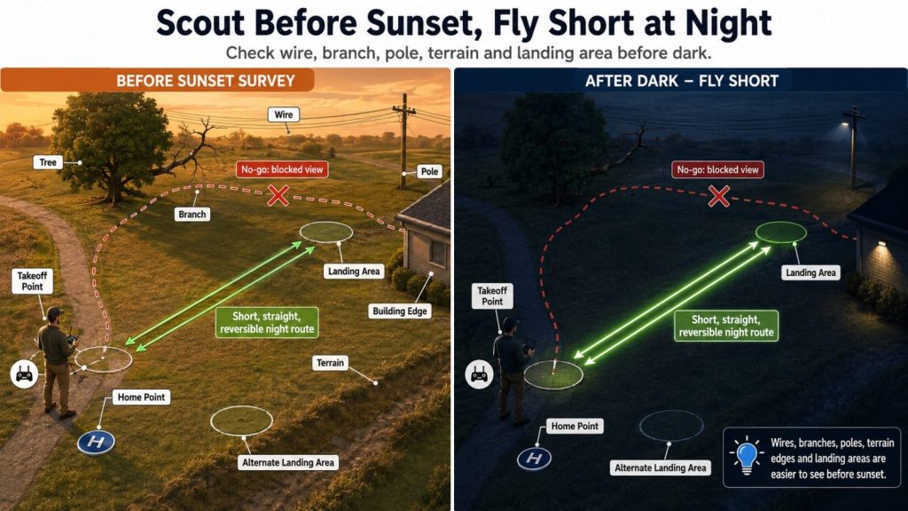 Drone night flight route scouted before sunset with visible obstacles and home point