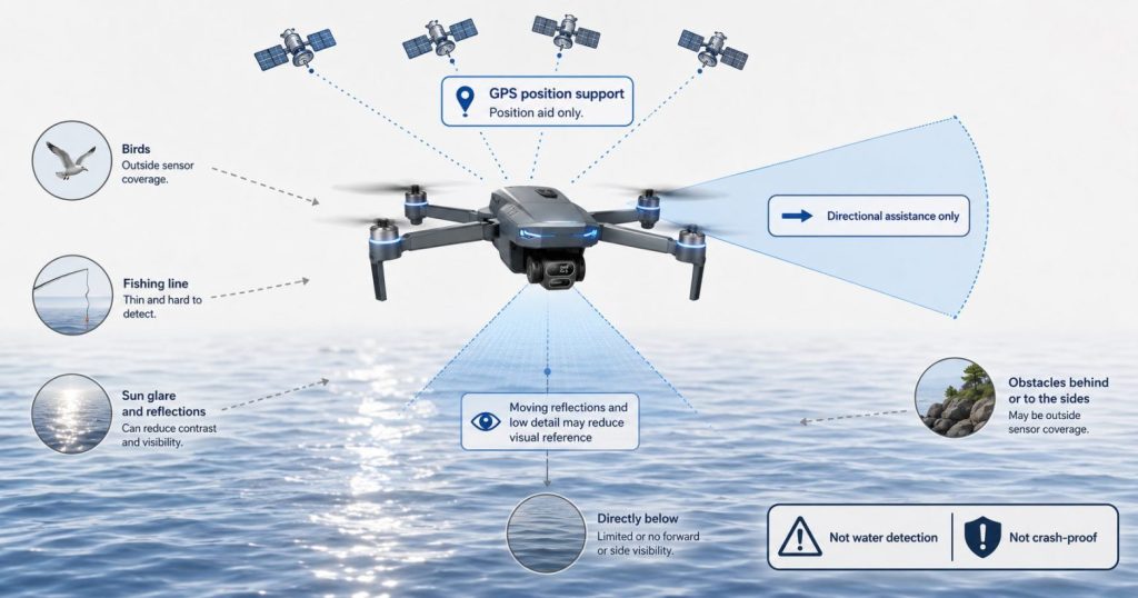 Drone optical flow and obstacle sensor limitations over reflective water