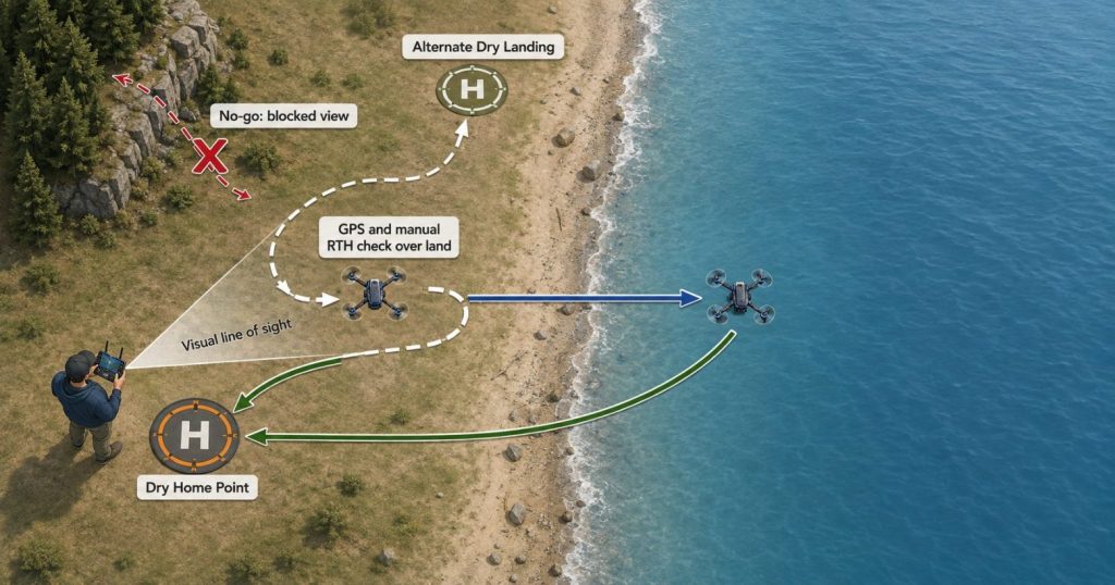 Drone over water route with a dry GPS home point and alternate landing area