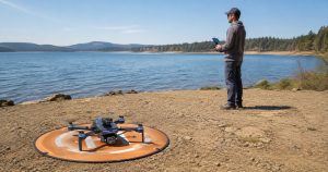 Beginner preparing a GPS drone on dry ground beside a lake