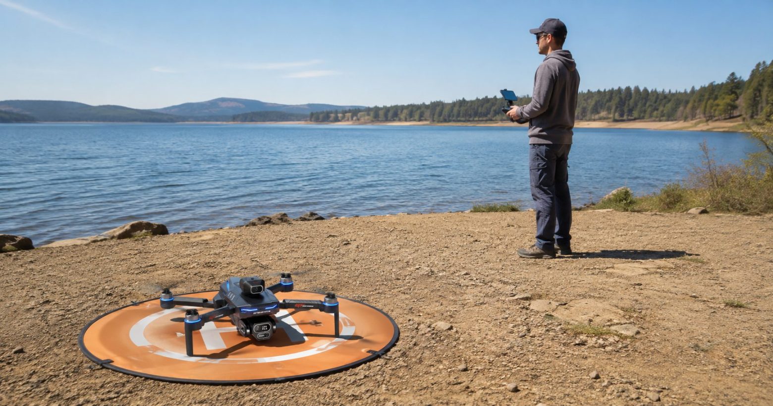 Beginner preparing a GPS drone on dry ground beside a lake